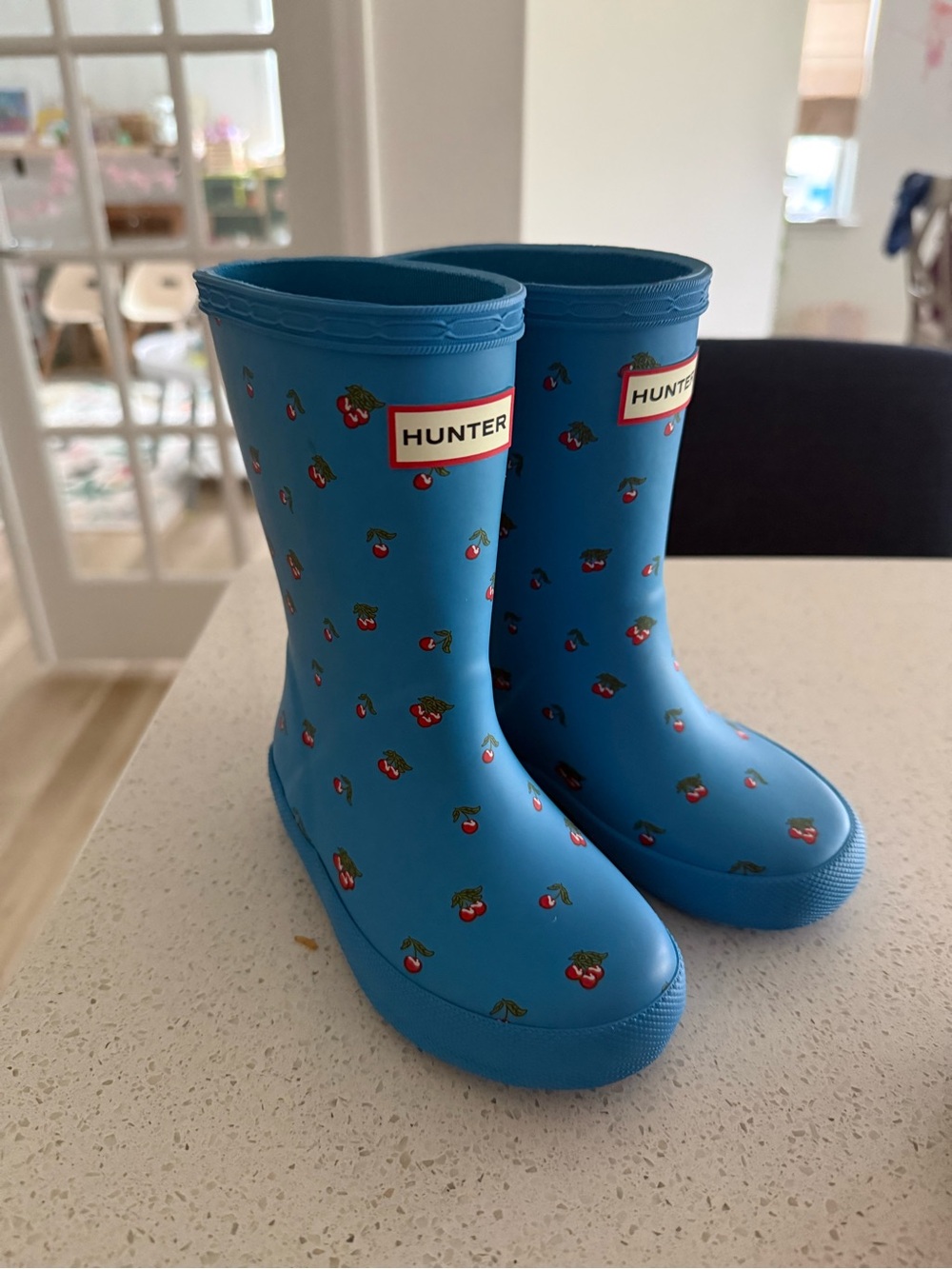 Hunter Blue Kids Rain Boots with Cherry Pattern